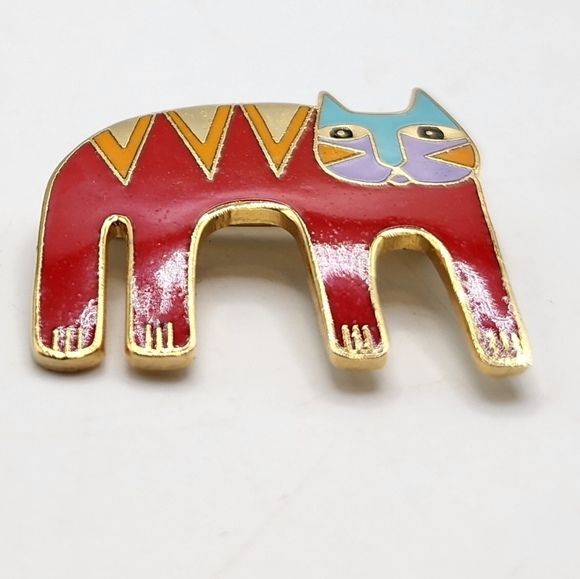 VTG Laurel Burch “Magicat” Gold Tone Enamel Cat Brooch, Orange Red, Blue Pin - Picture 2 of 6